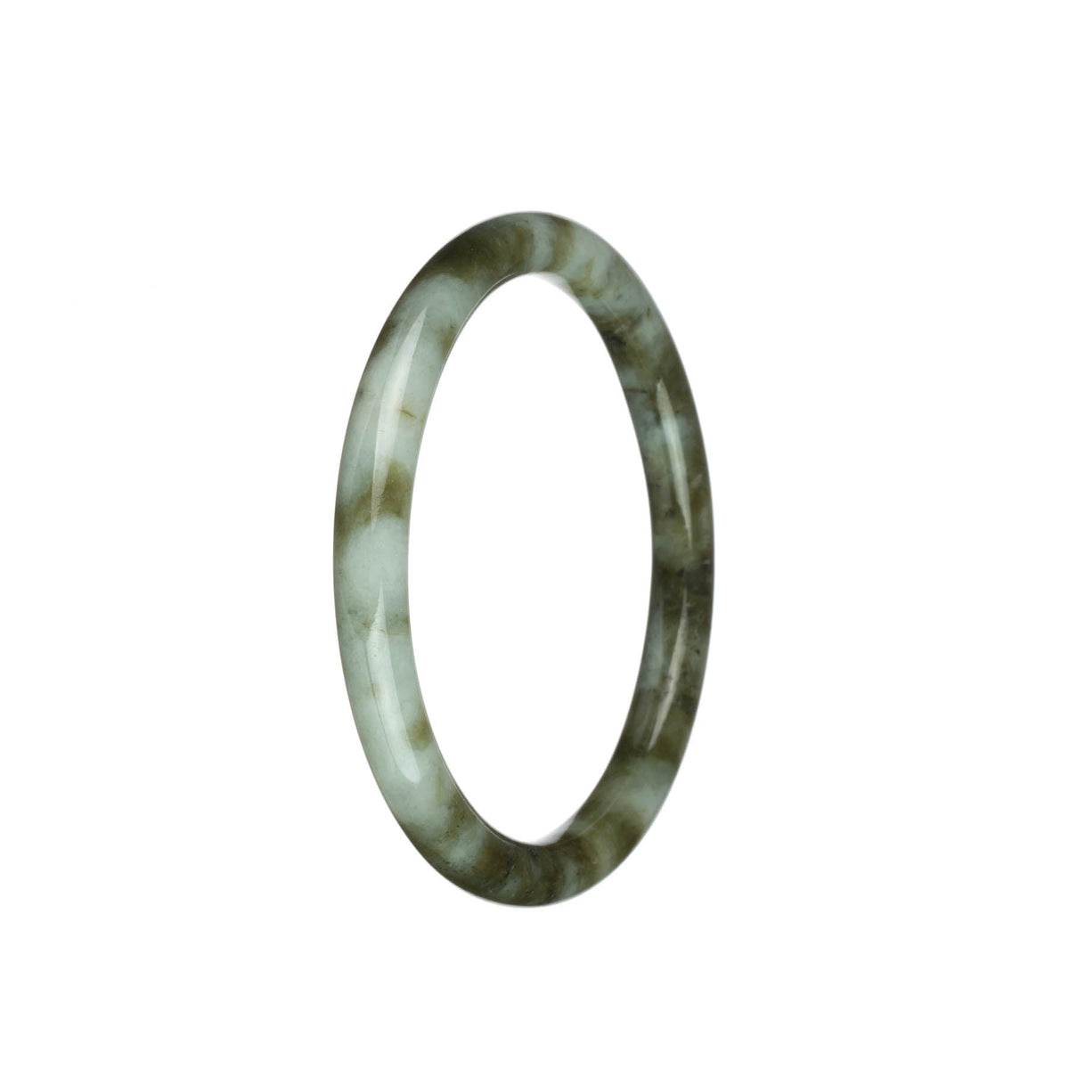A small, round jadeite bangle in natural shades of greyish white and white, with beautiful olive green patterns.