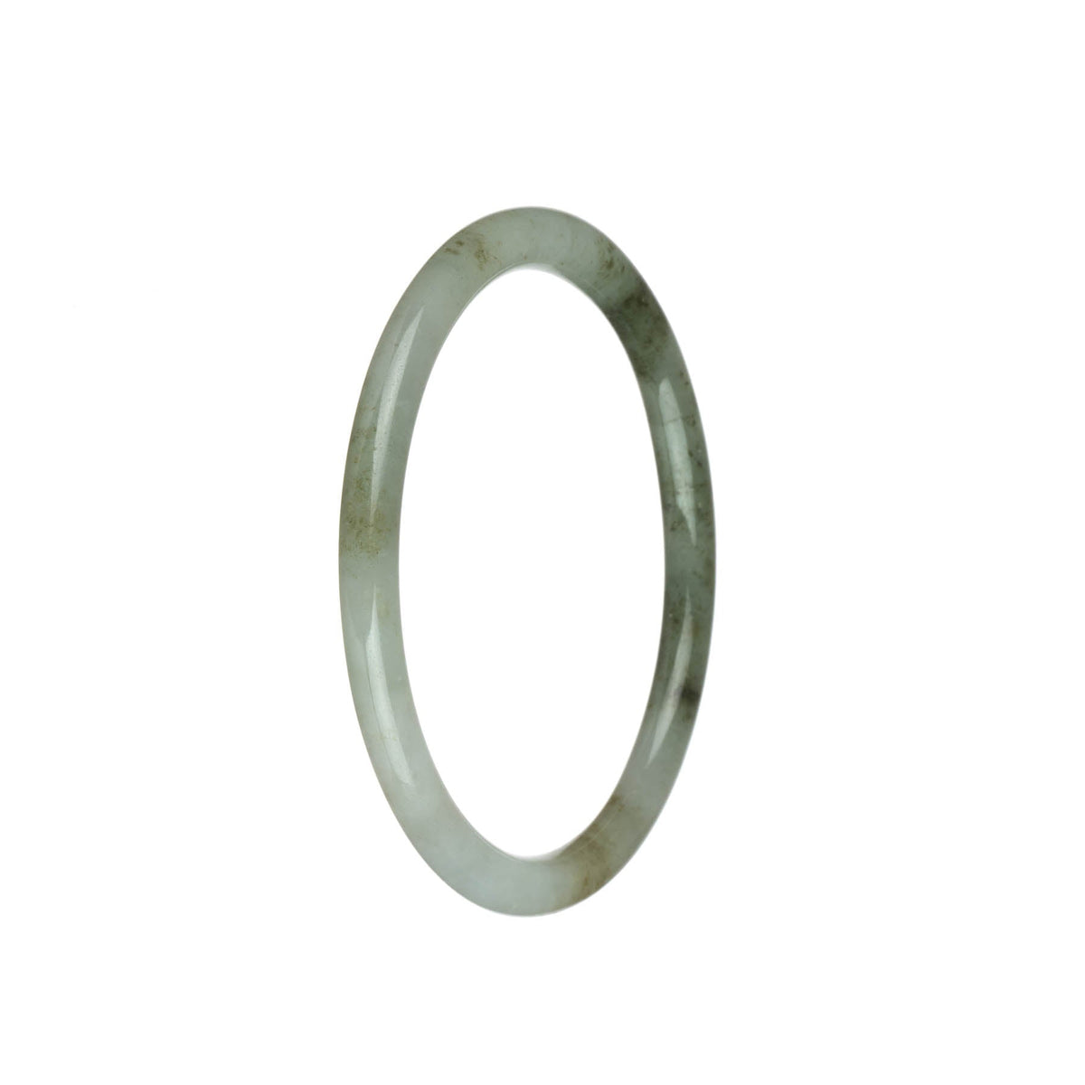 A close-up photo of a delicate round jade bracelet made from genuine, untreated white and olive green jadeite jade. The bracelet measures 63mm in size and is beautifully crafted by MAYS GEMS.