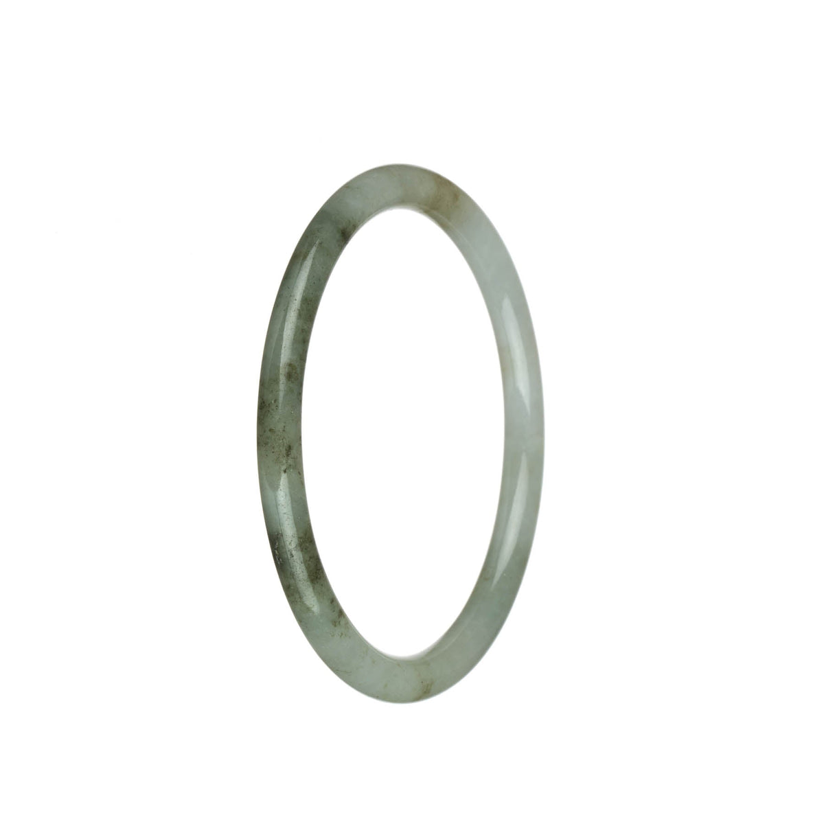 A close-up photo of a petite round jadeite jade bangle bracelet, showcasing its beautiful white and olive green colors.