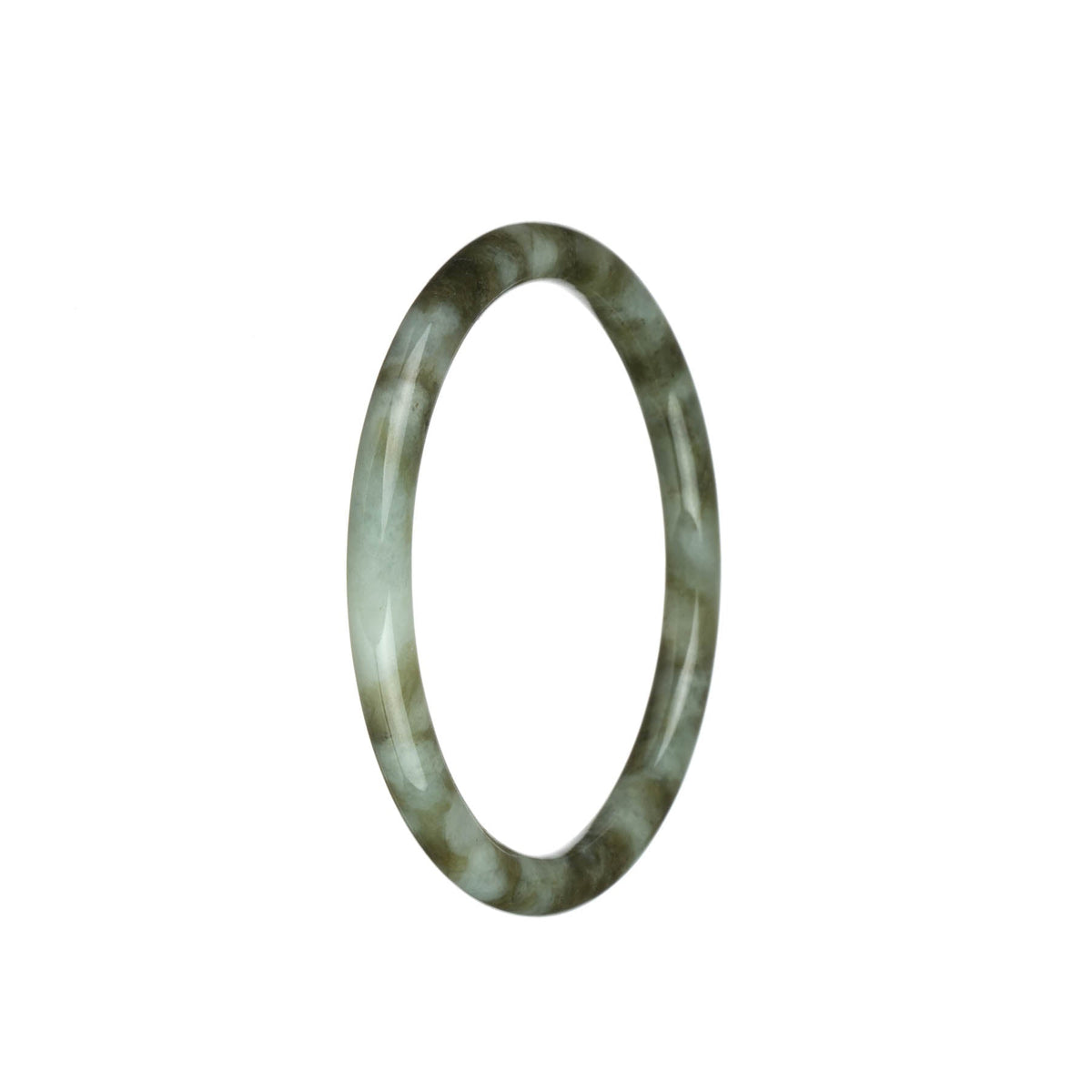 A beautiful, petite round jadeite bracelet with a mix of white, olive green, and brown patterns. Perfect for adding a touch of elegance to any outfit.