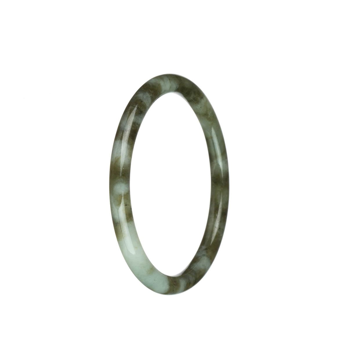 A close-up image of a small jade bangle with a round shape. The bangle is made of genuine untreated white jade and features olive green and brown patterns. It is 60mm in size and is sold by MAYS GEMS.