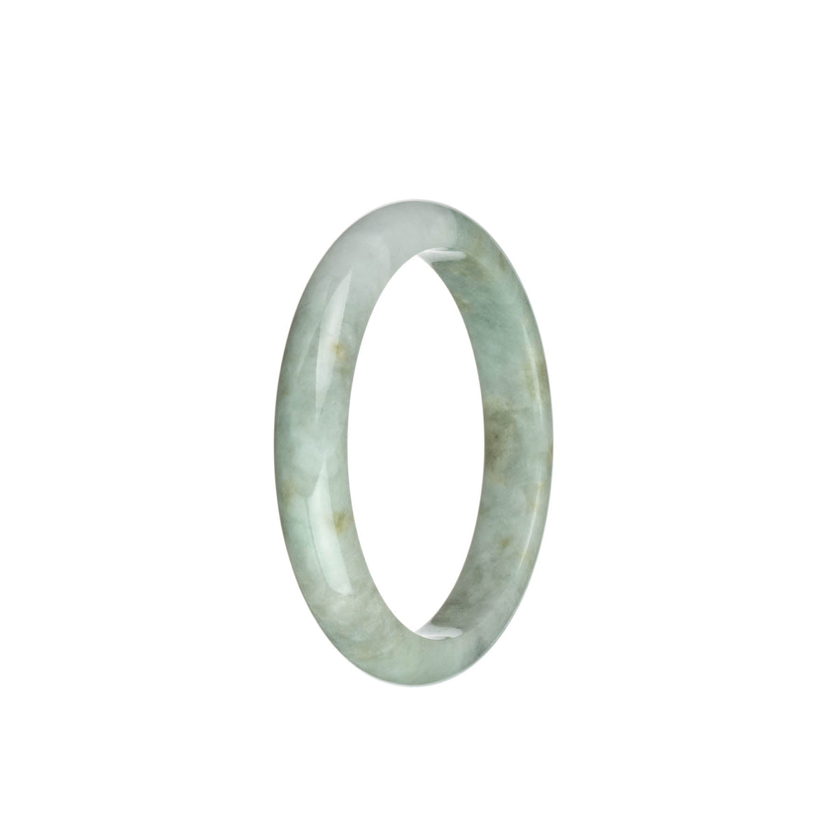A light grey traditional jade bangle with pale green and brown spots, certified untreated. The bangle is in a half-moon shape, measuring 54mm in size. Offered by MAYS.