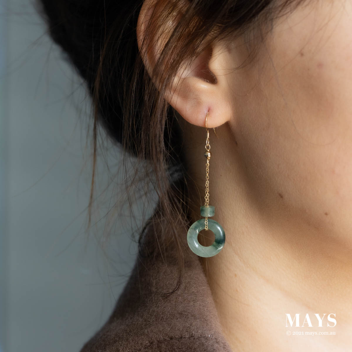 Greyish green flower Jade Gold Drop Earrings