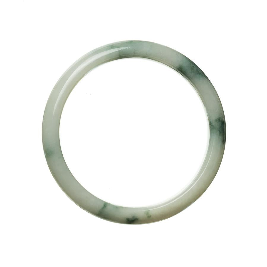 A close-up image of a beautiful green and white jadeite jade bangle bracelet, with a half-moon shape, measuring 56mm in diameter. The bracelet is made of genuine grade A jade, showcasing its exquisite and luxurious appearance.