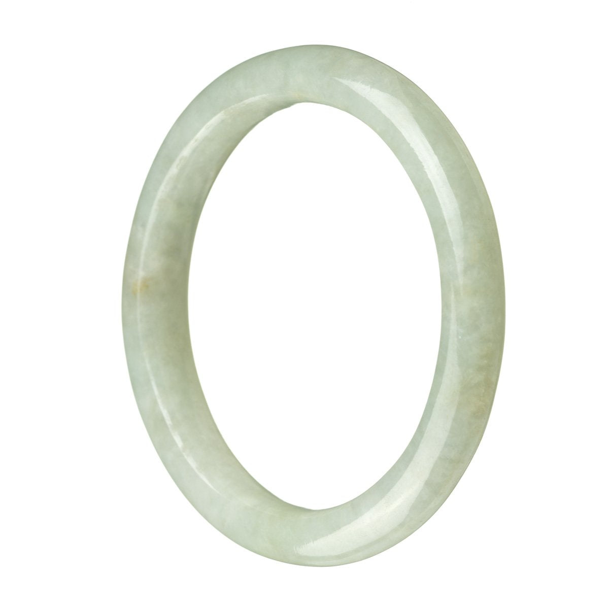 A beautiful pale green Burmese jade bangle bracelet, untreated and made with genuine jade. The bracelet has a semi-round shape and measures 62mm in diameter. Perfect for adding a touch of elegance to any outfit.