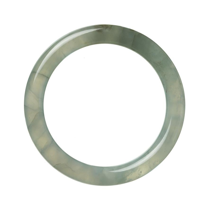A close-up of an authentic Type A greyish green jadeite bangle bracelet with a semi-round shape, measuring 58mm in diameter. The bracelet has a smooth and polished surface, showcasing the natural beauty of the jadeite stone. The greyish green color adds a unique and elegant touch to this exquisite piece of jewelry.