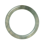 A close-up of an authentic Type A greyish green jadeite bangle bracelet with a semi-round shape, measuring 58mm in diameter. The bracelet has a smooth and polished surface, showcasing the natural beauty of the jadeite stone. The greyish green color adds a unique and elegant touch to this exquisite piece of jewelry.