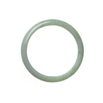 A close-up photo of a pale green jadeite bracelet with a half-moon shape. The bracelet is made of genuine Grade A jadeite and measures 56mm in diameter. It is sold by MAYS GEMS.