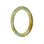 A close-up photo of a petite green and brown Burmese jade bangle bracelet, certified as natural and authentic, with the brand name "MAYS" engraved on it. The bracelet has a diameter of 54mm.