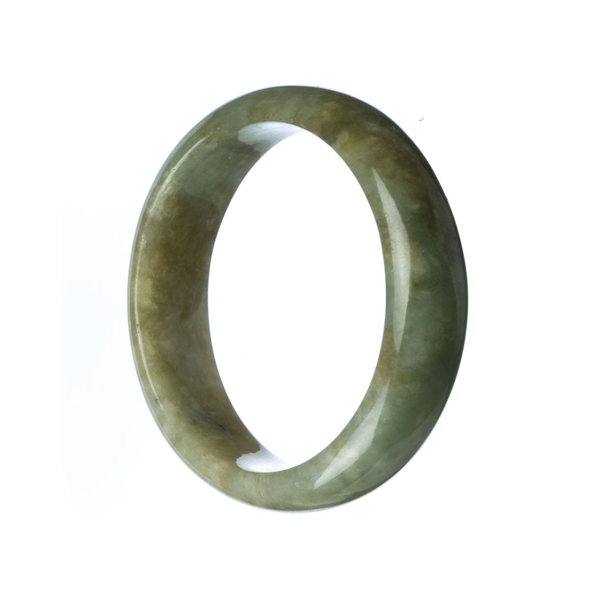 A half-moon shaped Burma Jade bangle in shades of green and brown, showcasing its natural beauty.