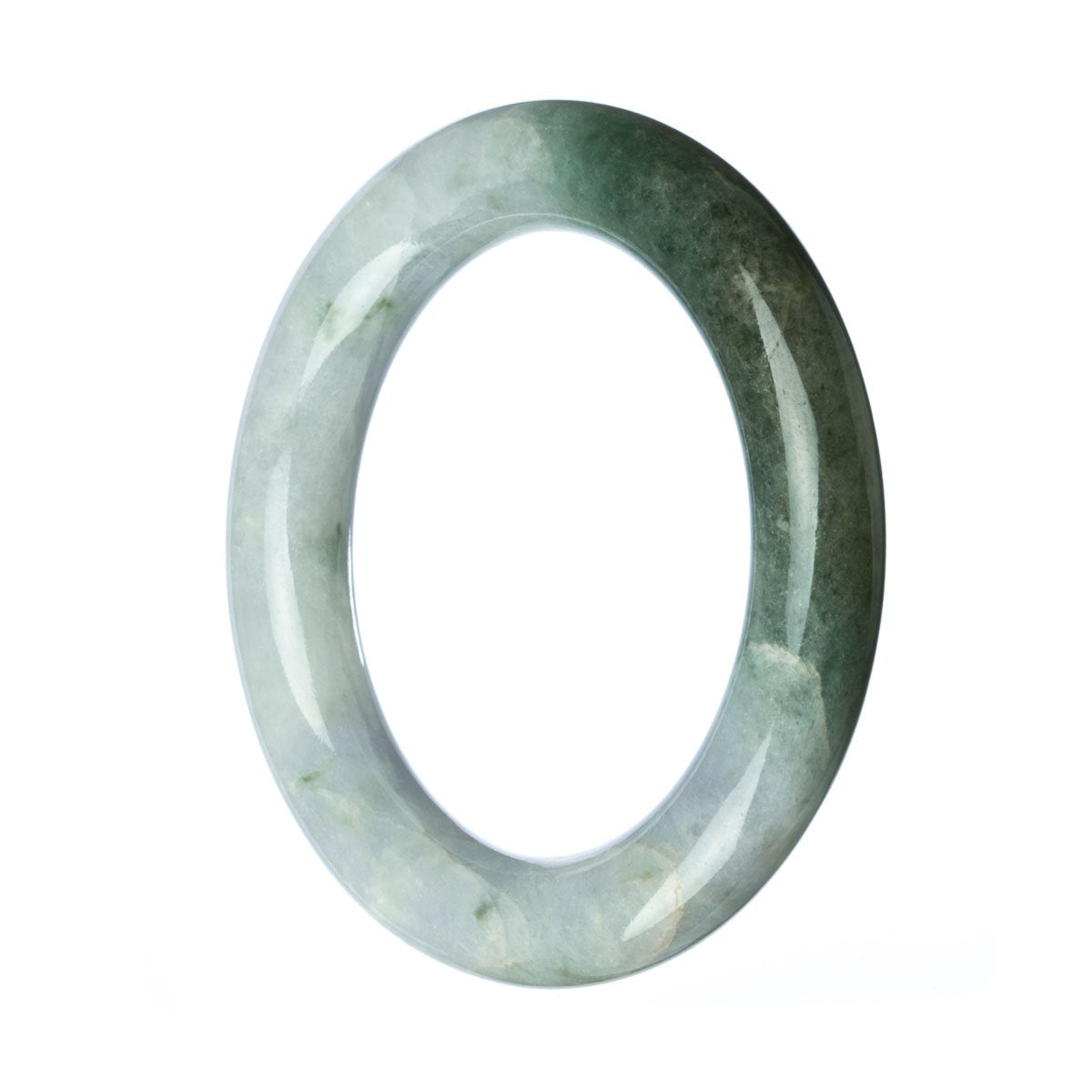 A close-up image of a round, green and white traditional jade bracelet. The bracelet features intricate patterns and is made from high-quality Grade A jade. It has a diameter of 57mm and is sold by MAYS.