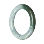 A close-up image of a round, green and white traditional jade bracelet. The bracelet features intricate patterns and is made from high-quality Grade A jade. It has a diameter of 57mm and is sold by MAYS.
