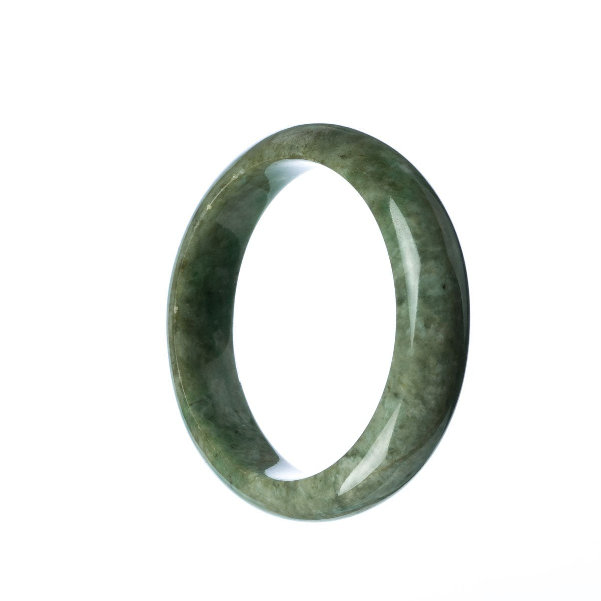 A close-up image of a green jade bangle bracelet in a half-moon shape, crafted from genuine grade A traditional jade. The bracelet has a smooth and polished surface, showcasing the natural beauty and unique patterns of the jade stone. Perfect for adding a touch of elegance and sophistication to any outfit.