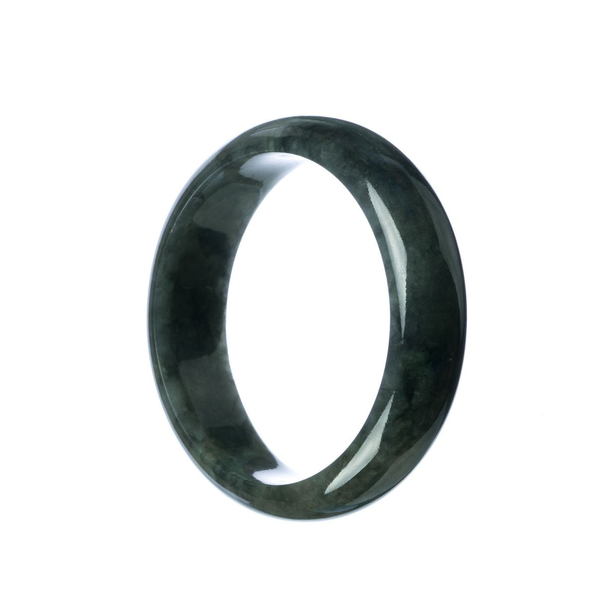 A dark grey jadeite jade bracelet with a half moon shape, measuring 58mm. Made with genuine Grade A jade.
