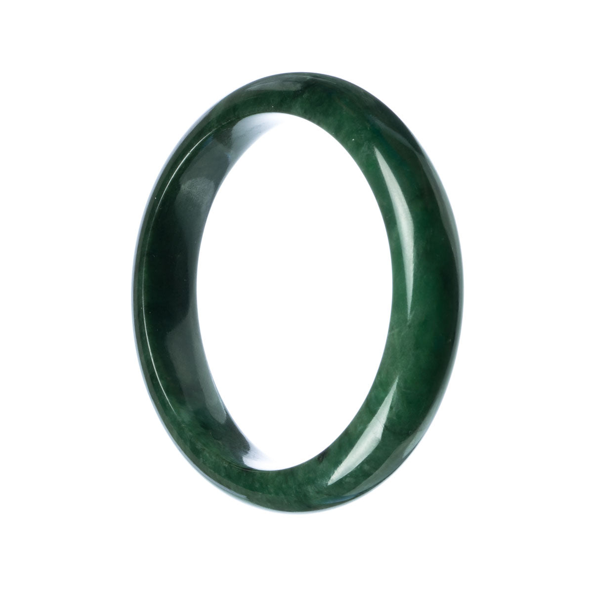 An elegant and natural green jade bangle bracelet with a half moon shape, measuring 63mm in diameter. Perfect for adding a touch of sophistication to any outfit.