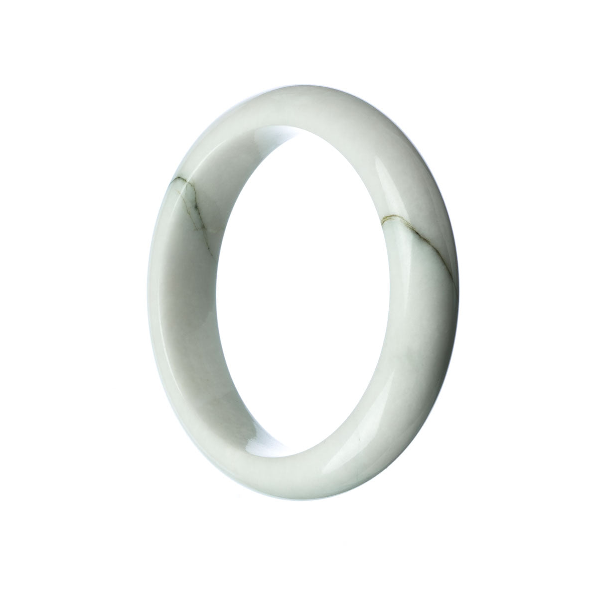 A close-up image of a white jade bracelet with a half moon shape, measuring 58mm in diameter. The bracelet is made from genuine grade A white jade and is designed by MAYS.
