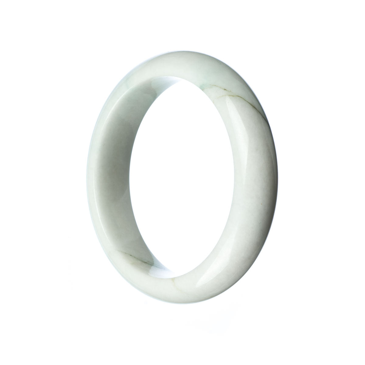 A close-up of a stunning, half moon-shaped Burmese jade bangle bracelet. The white jade is certified natural and exudes a timeless elegance. It measures 58mm in diameter and is a perfect addition to any jewelry collection.
