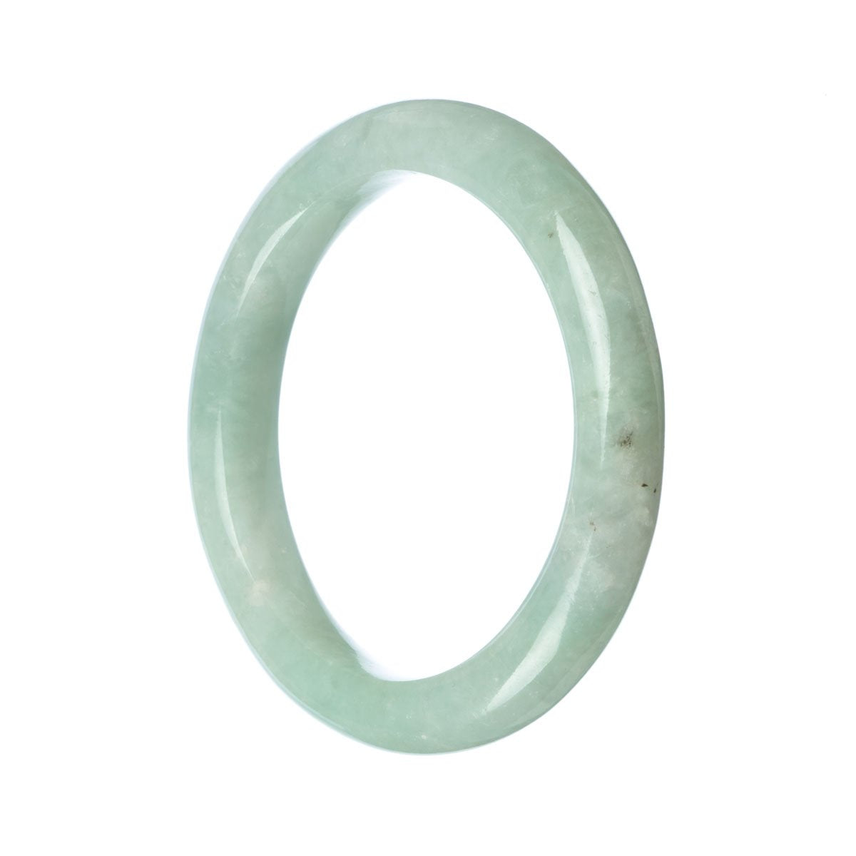 A close-up photo of a stunning jade bracelet, showcasing its vibrant green color and intricate semi-round beads. The bracelet is made from authentic natural green Burma jade, exuding a sense of elegance and sophistication. It measures 63mm in diameter, making it a beautiful statement piece for any jewelry collection.