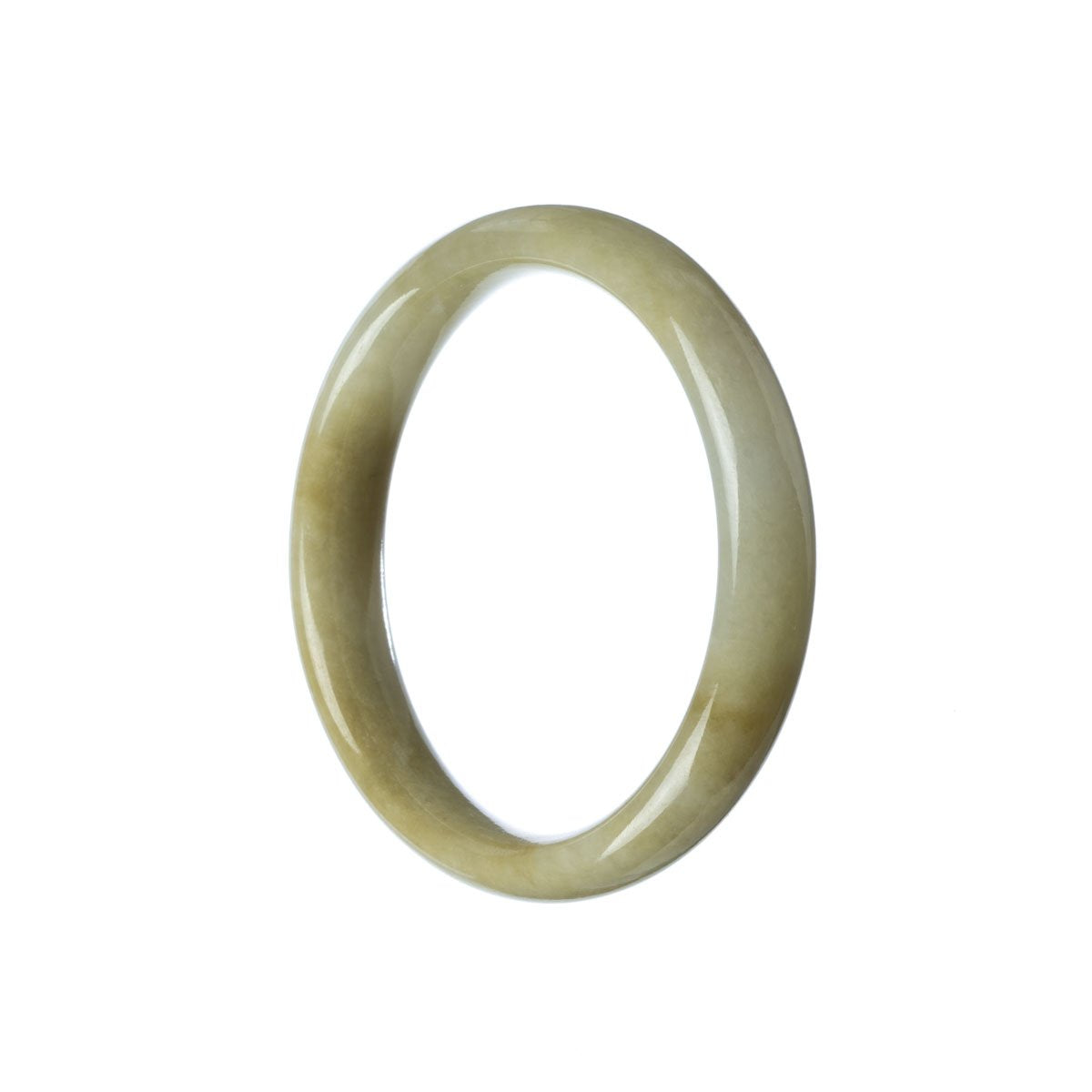 A close-up photo of an elegant white jade bangle with a half-moon shape. The bangle is made from authentic Type A White Burma Jade and measures 54mm in diameter. It is a beautiful piece of jewelry from MAYS GEMS.