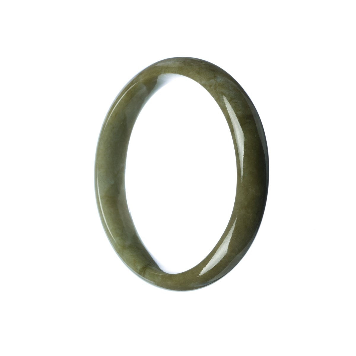 A close-up of a beautiful Grade A green brown jadeite jade bangle bracelet, shaped in a half-moon design. This high-quality piece of jewelry is certified and showcases the exquisite natural color and unique patterns of jade. Made by MAYS™.