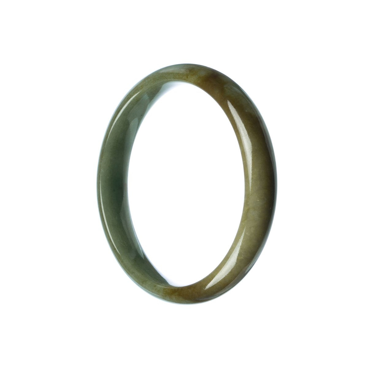 An exquisite green-brown jadeite bangle bracelet with a 57mm half moon shape, showcasing its genuine Grade A quality. Perfectly crafted by MAYS GEMS.