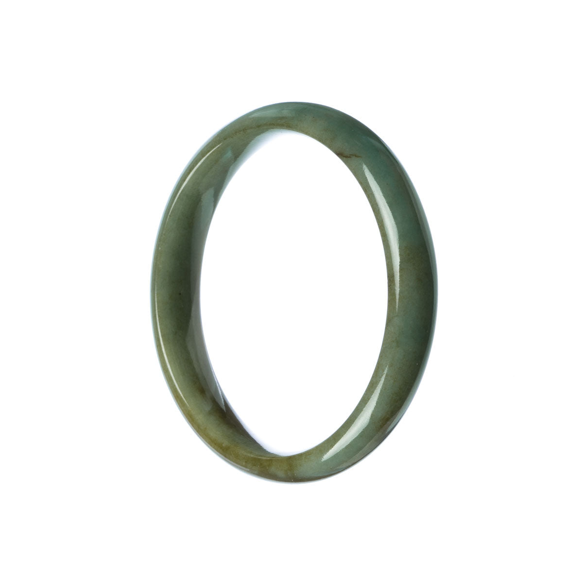 A close-up image of a half-moon shaped jade bangle bracelet in green and brown tones.