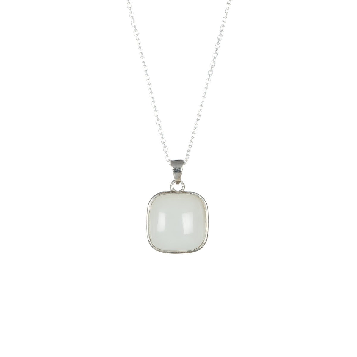 Square White Jade Necklace in 925 Sterling Silver