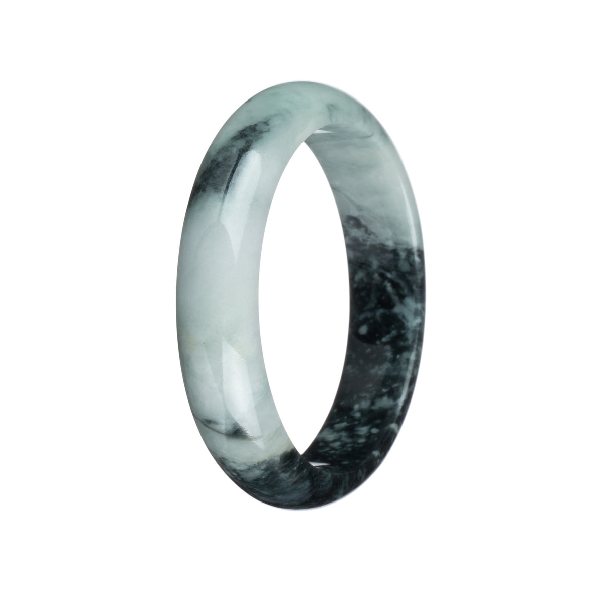 Real Grade A Green with Deep Dark Green Patterns Traditional Jade Bangle - 55mm Half Moon