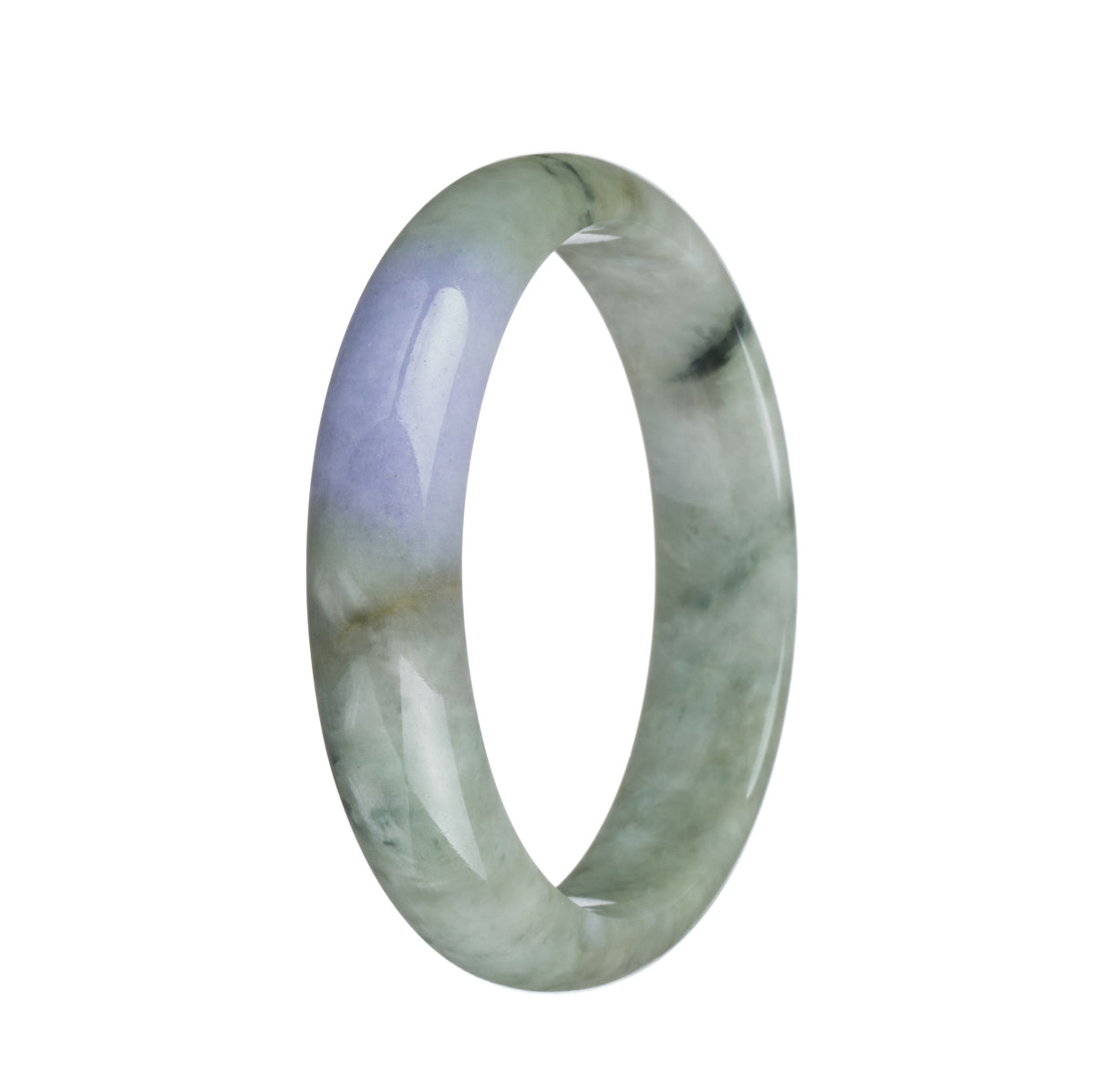 Certified Untreated Green and Lavender with Dark Green Patterns Burma Jade Bangle - 59mm Half Moon