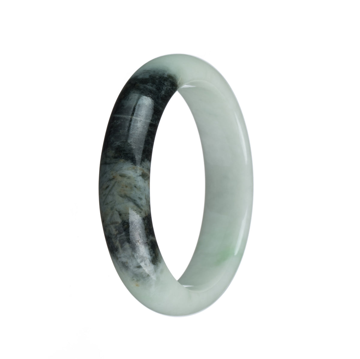 Genuine Grade A Pale Green with Dark Green Patterns and Apple Green Patch Burma Jade Bracelet - 55mm Half Moon