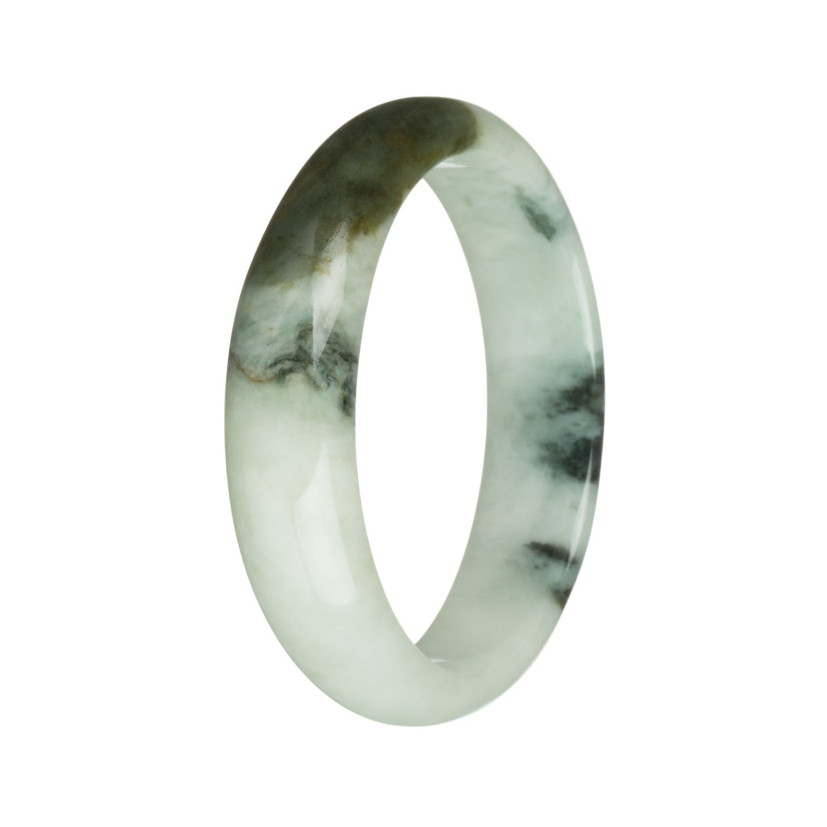 Genuine Grade A Pale Green with Olive Green and Deep Green Patterns Jadeite Bangle - 58mm Half Moon