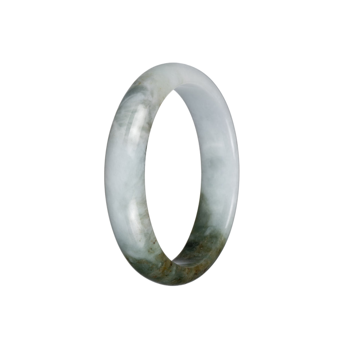 Genuine Untreated White and Olive Green with Brown Specks Traditional Jade Bangle - 58mm Half Moon