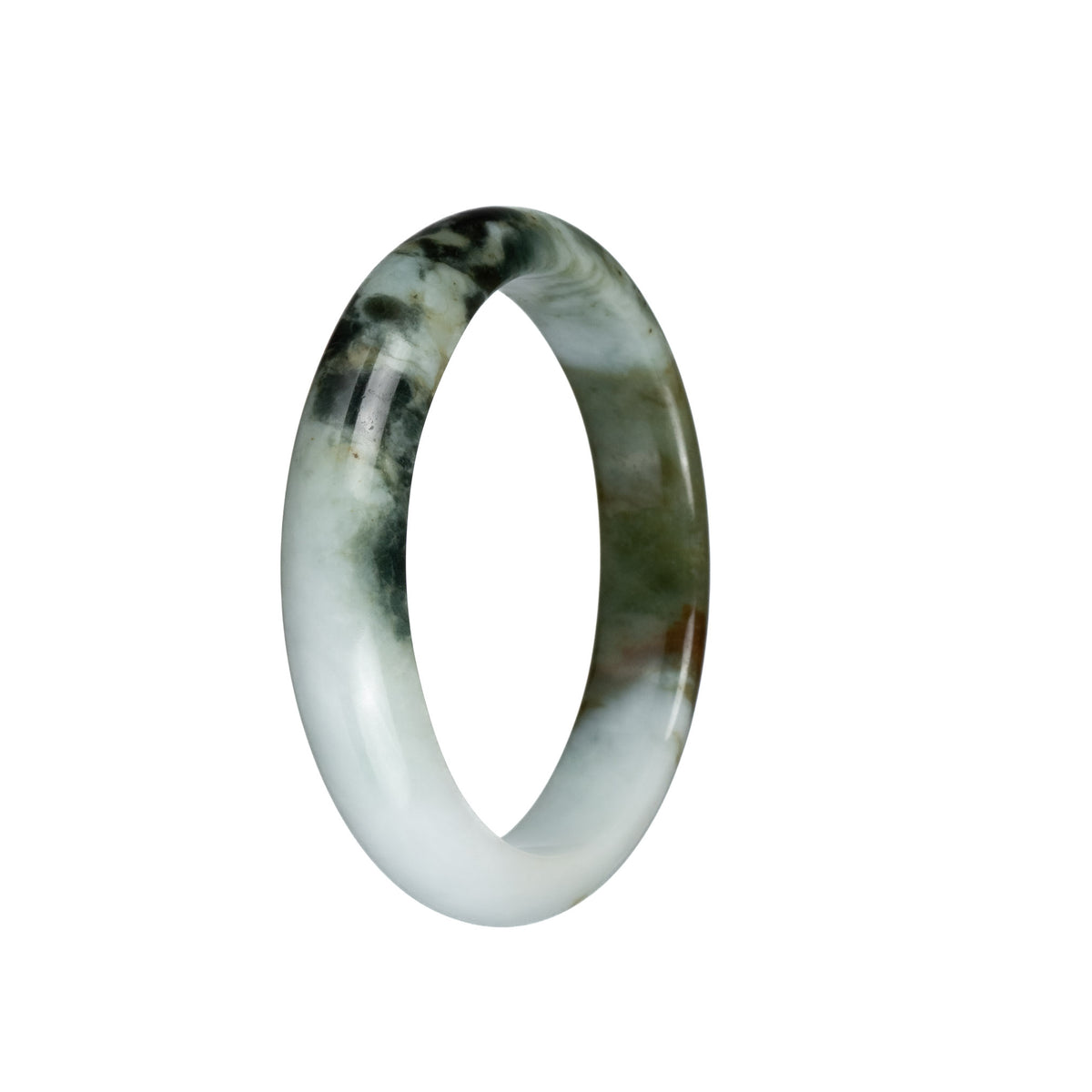 Authentic Type A Pale Green with Olive Green and Dark Green Patterns Jade Bangle - 57mm Half Moon