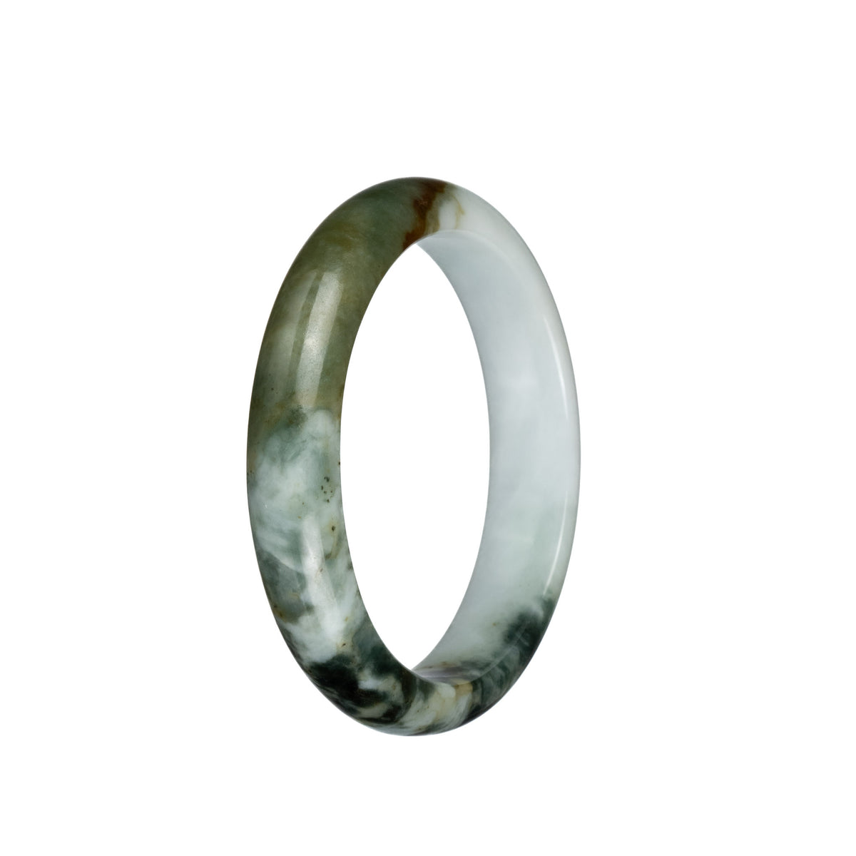 Authentic Type A Pale Green with Olive Green and Dark Green Patterns Jade Bangle - 57mm Half Moon