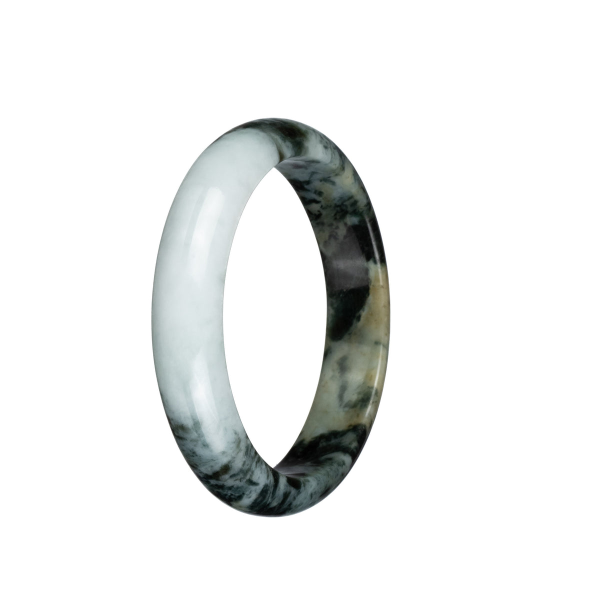 Genuine Grade A White with Black Pattern Burmese Jade Bangle Bracelet - 57mm Half Moon