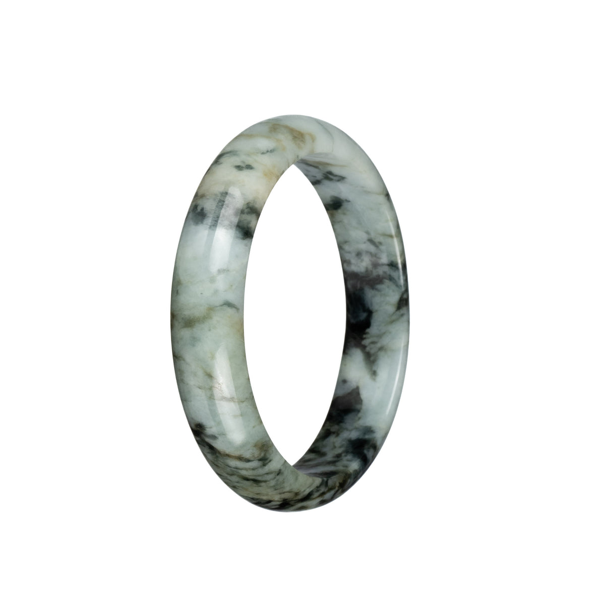 Certified Grade A White with Black and Brown Patterns Jadeite Bangle Bracelet - 58mm Half Moon