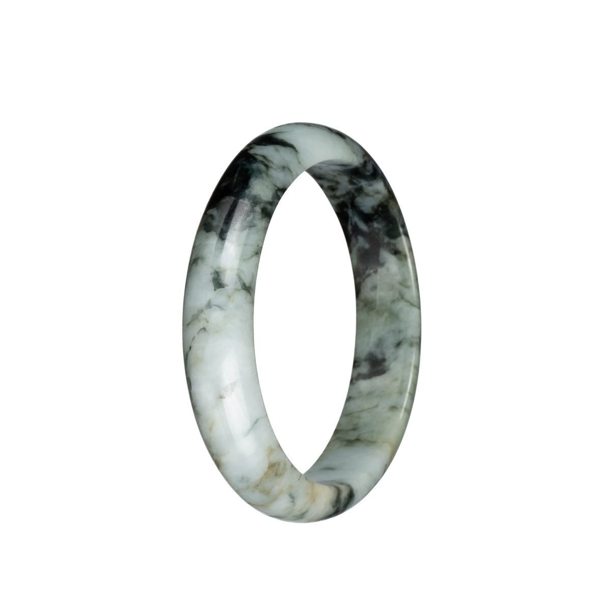 Certified Grade A White with Black and Brown Patterns Jadeite Bangle Bracelet - 58mm Half Moon