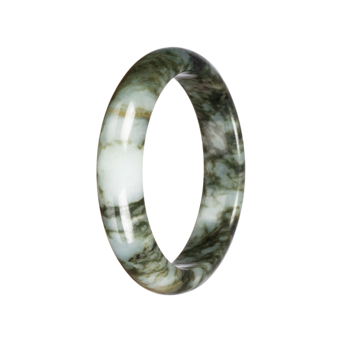 Untreated Deep Olive Green Pattern Jade Bangle - 61mm Half Moon