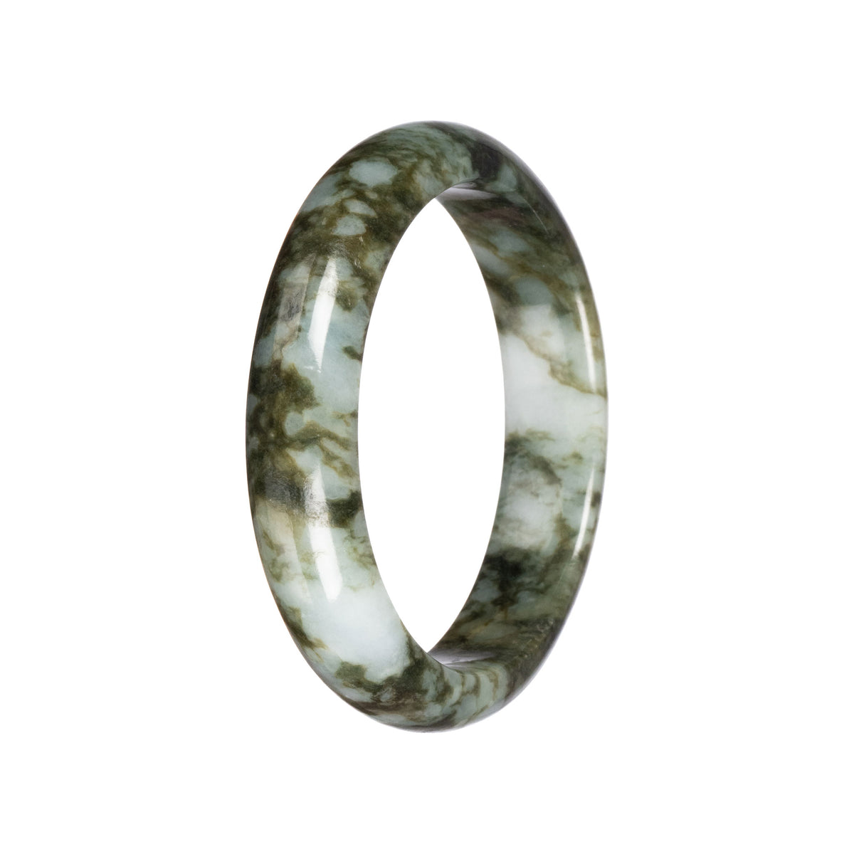 Untreated Deep Olive Green Pattern Jade Bangle - 61mm Half Moon