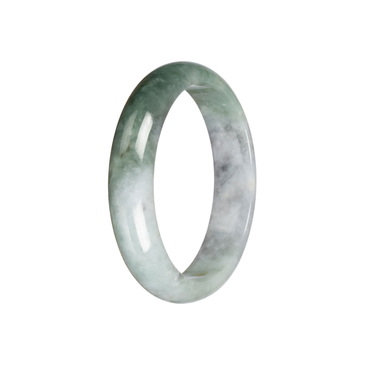 Untreated Green with Grey Pattern Burma Jade Bangle Bracelet - 58mm Half Moon