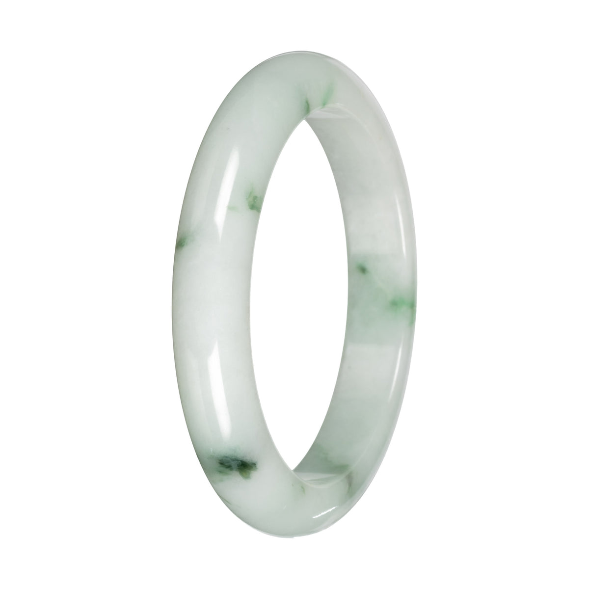Authentic White with Green Pattern Jadeite Bangle - 59mm Half Moon