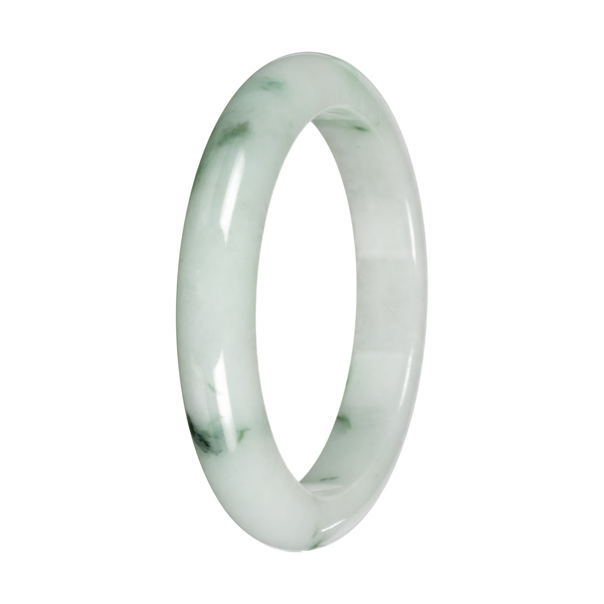 Authentic White with Green Pattern Jadeite Bangle - 59mm Half Moon