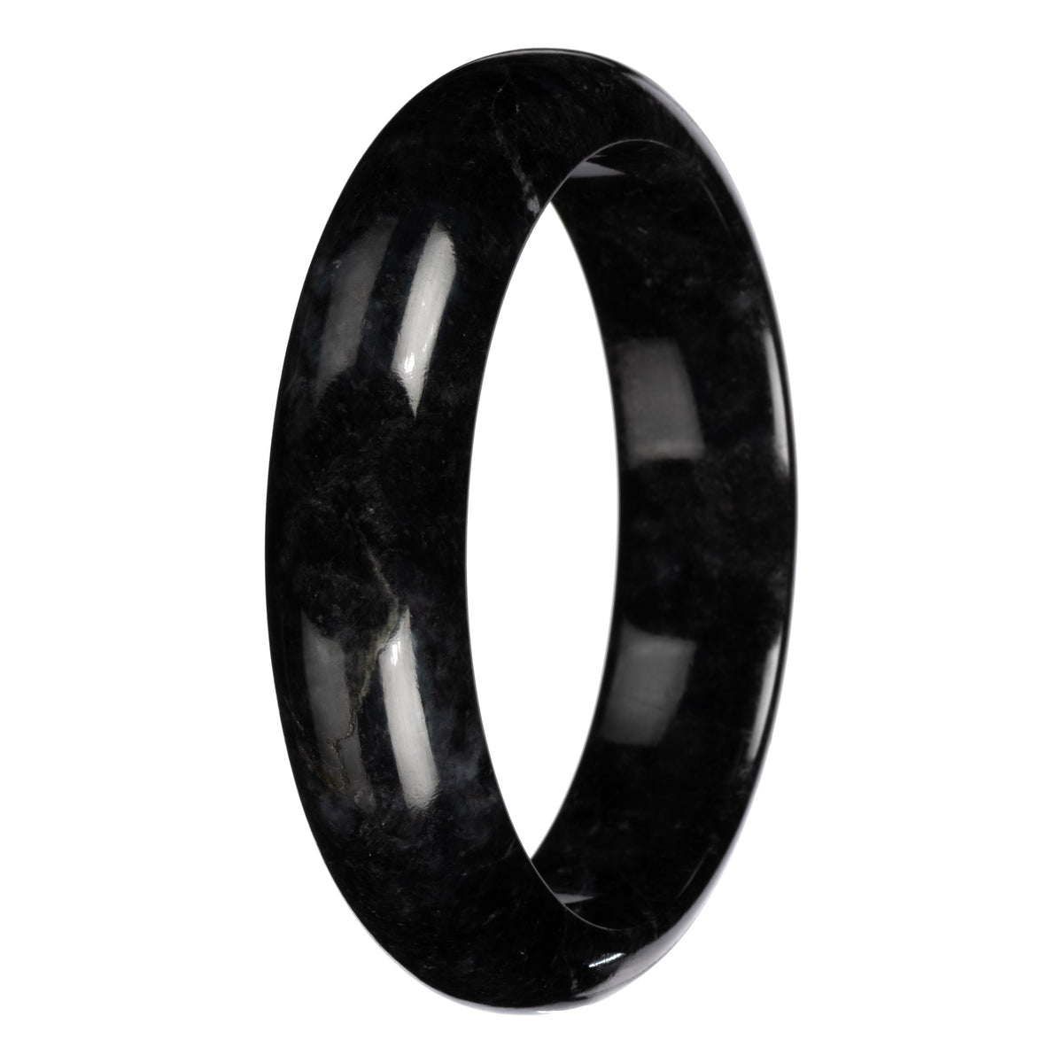 Natural Black with Dark Gray Pattern Burmese Jade Bangle Bracelet - 63mm Half Moon