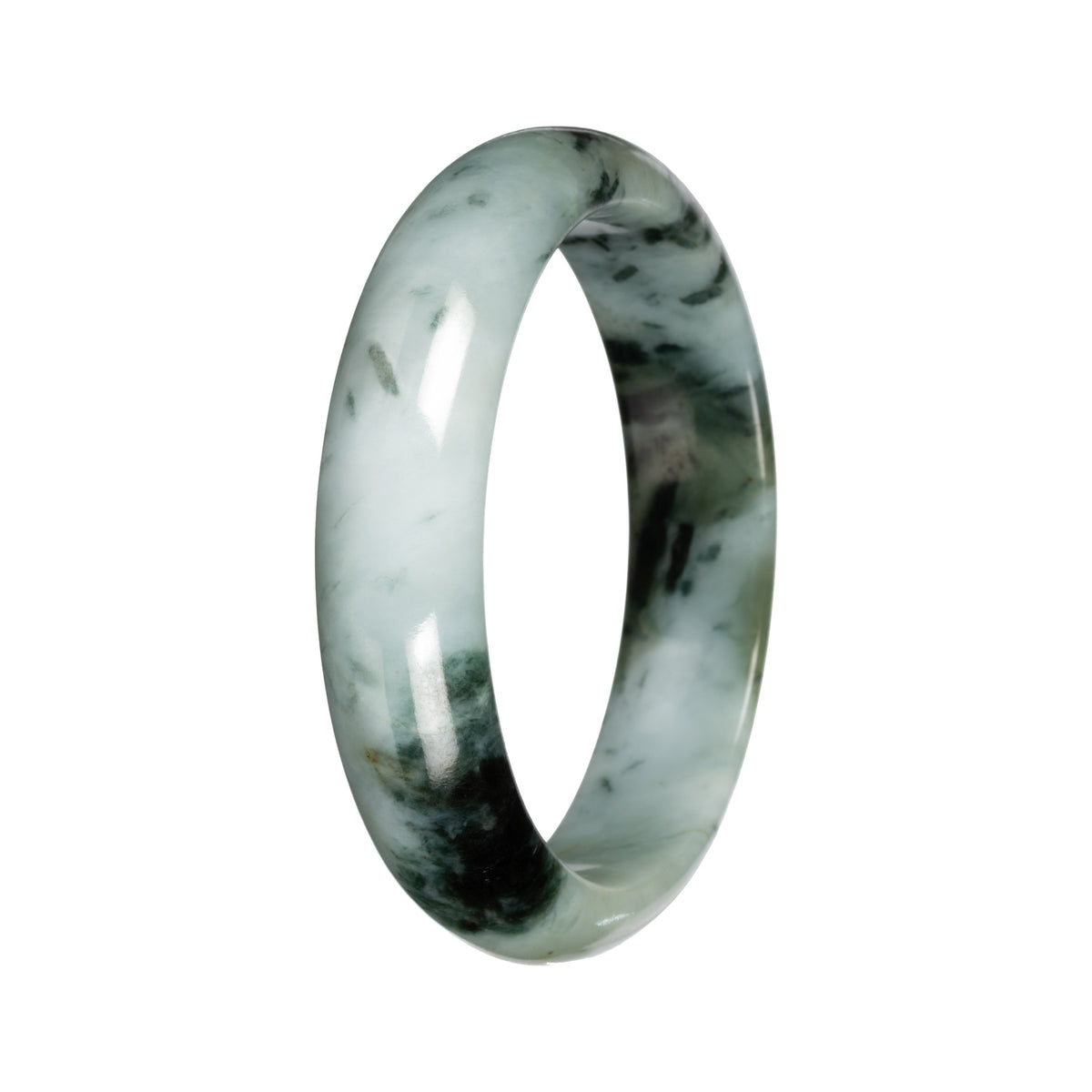 Untreated Light Green with Deep Green and Olive Green Pattern Jade Bangle Bracelet - 53mm Half Moon