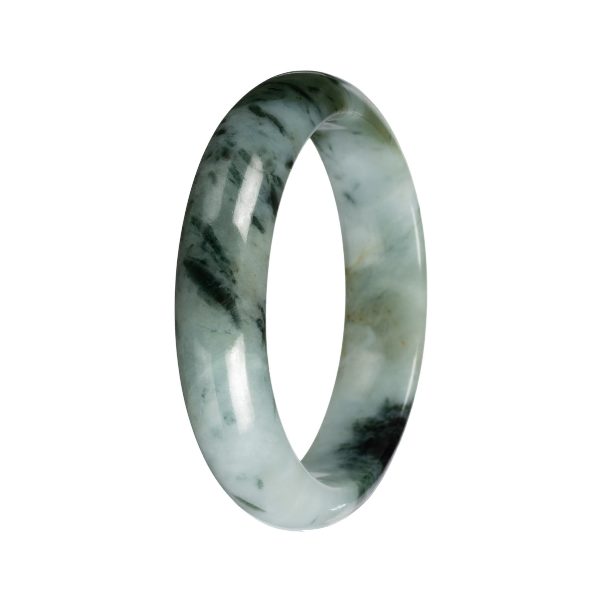 Untreated Light Green with Deep Green and Olive Green Pattern Jade Bangle Bracelet - 53mm Half Moon
