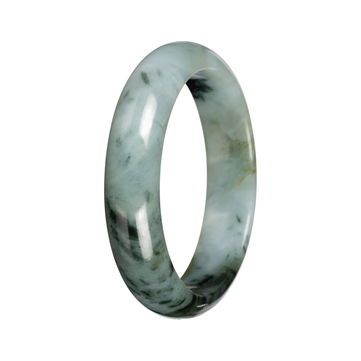 Untreated Light Green with Deep Green and Olive Green Pattern Jade Bangle Bracelet - 53mm Half Moon