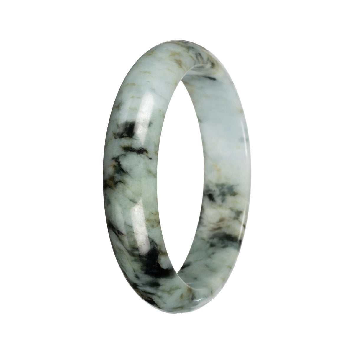 Untreated Light Green with Deep Green and Olive Green Pattern Traditional Jade Bangle - 55mm Half Moon