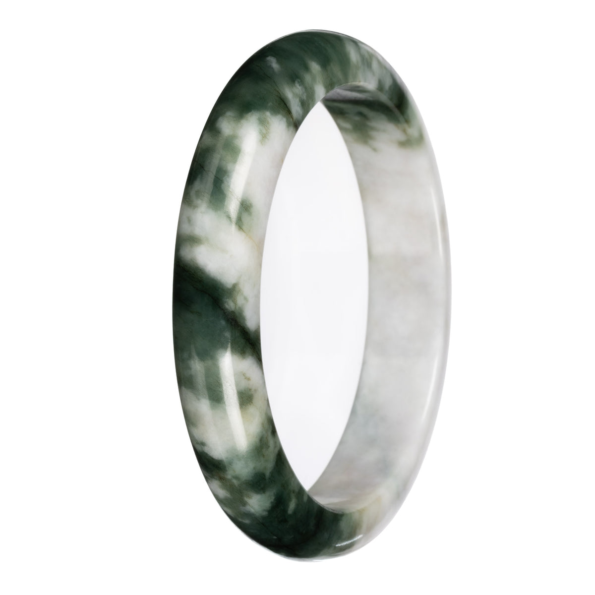 Genuine White with Deep Green Pattern Deep Green with White Section Burma Jade Bangle Bracelet - 67mm Half Moon