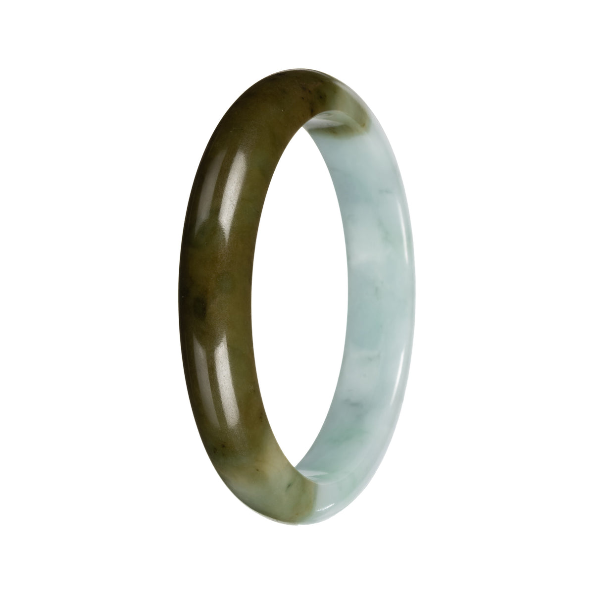 Real Light Green with Deep Olive Section Burmese Jade Bangle - 53mm Half Moon