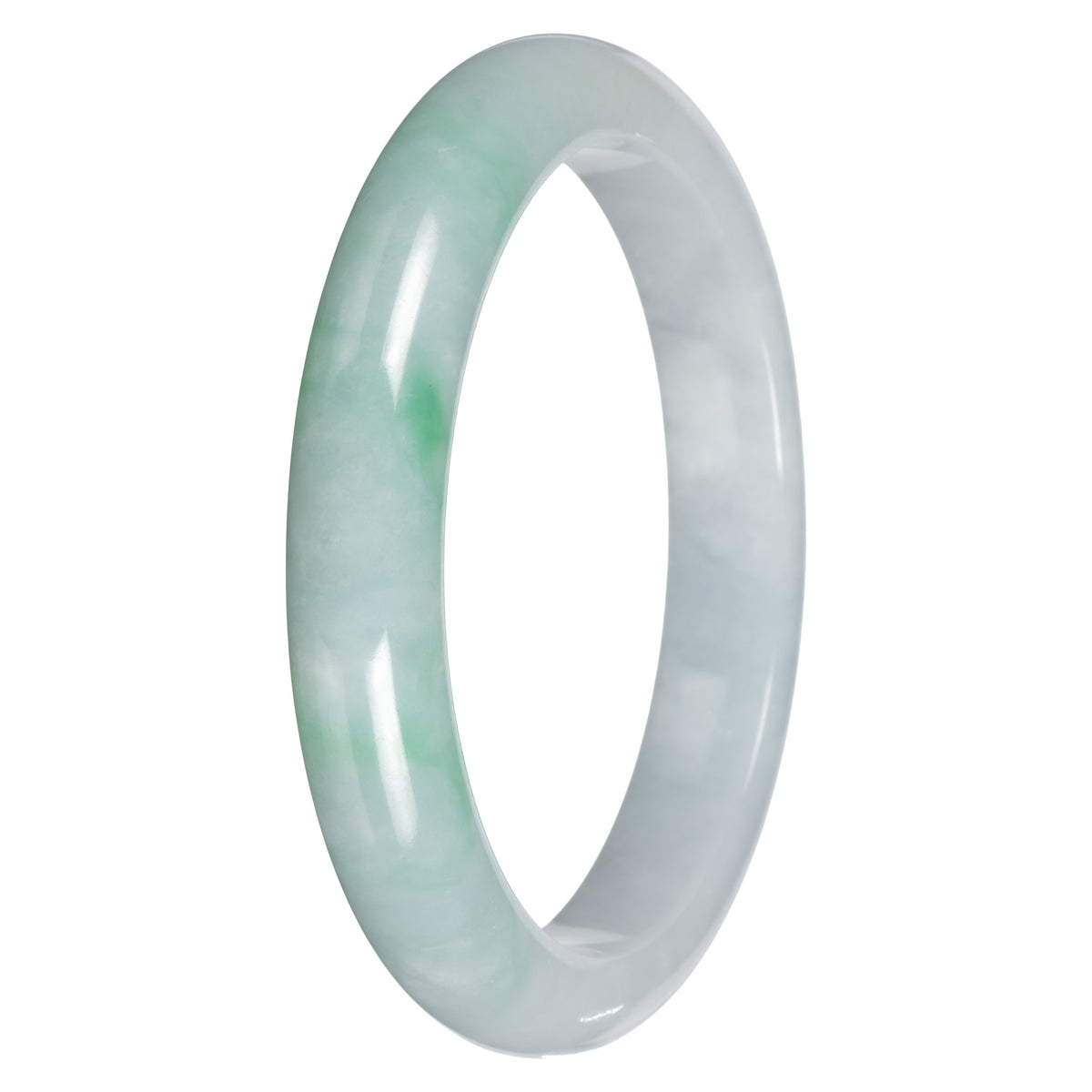 Real White with Apple Green Pattern Traditional Jade Bangle Bracelet - 65mm Half Moon